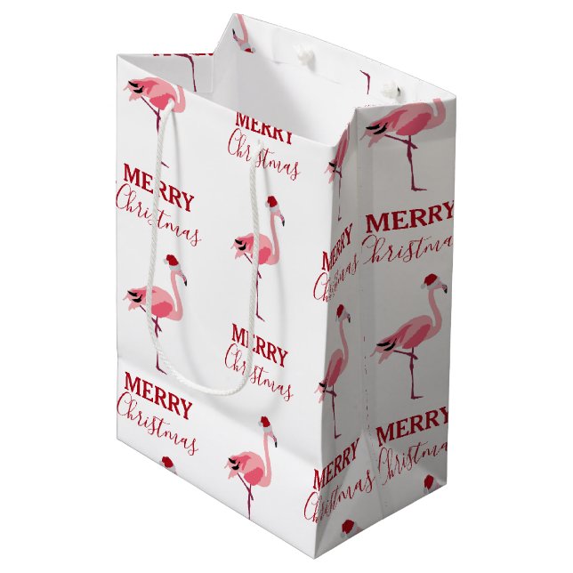 Sacola Para Presentes Média Pássaro Flamingo Rosa de Natal com Papai Noel (Frente inclinada)