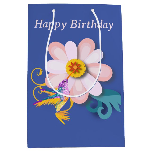 Sacola Para Presentes Média Pássaro Humming Colorido Editável (Frente)