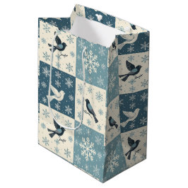 Sacola Para Presentes Média Pássaros Azuis e Flocos de Neve Natal Padrão de In