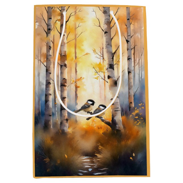 Sacola Para Presentes Média Pássaros Cantores Chapim em uma Floresta de Outono (Frente)