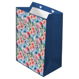 Sacola Para Presentes Média Pássaros com Padrão Floral Flores Folhagem Azul Ve