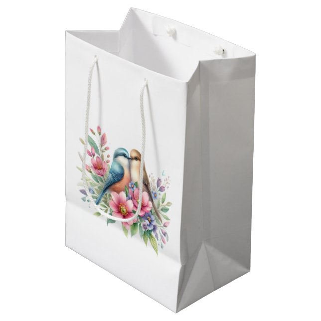 Sacola Para Presentes Média Pássaros do Amor em Flores de Primavera  (Frente inclinada)