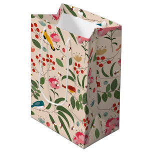 Sacola Para Presentes Média Pássaros Florais De Mão Abelhas Padrão Botânico