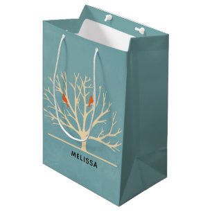 Sacola Para Presentes Média Pássaros Laranja Modernos em uma Ilustração em Gra