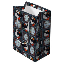 Sacola Para Presentes Média Pássaros Puffin Bonitos Padrão de inverno