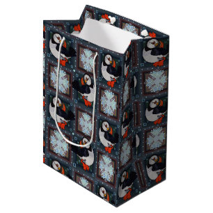 Sacola Para Presentes Média Pássaros Puffin Bonitos Padrão de inverno