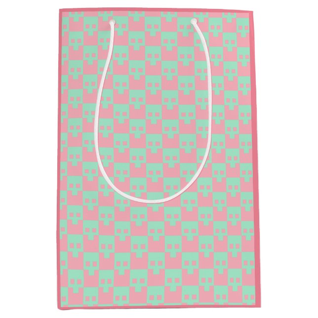 Sacola Para Presentes Média Pastel Block Skulls em Rosa e Mint (Frente)