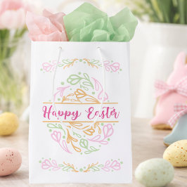 Sacola Para Presentes Média Pastel Pink Green Floral Easter Egg Happy Easter