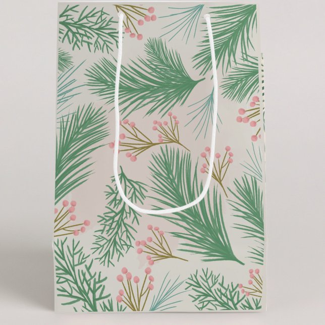 Sacola Para Presentes Média Pastel Pink Holly Natal (Pink Holly Christmas Gift Bag)