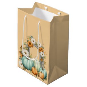 SACOLA PARA PRESENTES MÉDIA PASTEL WATERCOLOR CAIR FLORES E PUMPKINS NO OUTONO