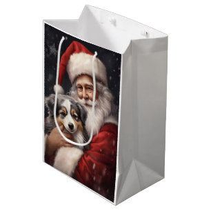 Sacola Para Presentes Média Pastor Australiano com Papai Noel Natal