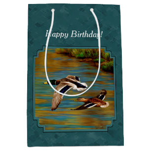 Sacola Para Presentes Média Patos de Mallard em Teal de Voo