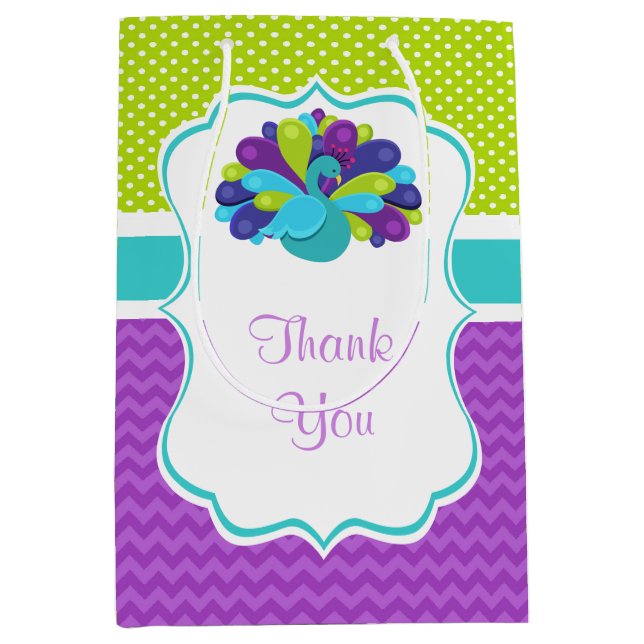 Sacola Para Presentes Média Pavão bonito verde e roxo Aniversário Obrigado (Frente)