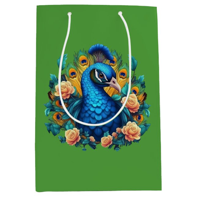 Sacola Para Presentes Média Pavão Com Rosas Pêssego (Frente)
