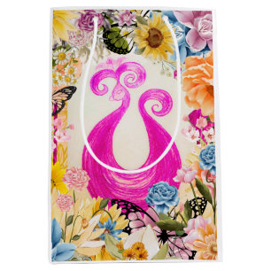 Sacola Para Presentes Média Pavão de ameixa rosa com flores coloridas