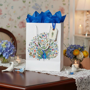 Sacola Para Presentes Média Pavão floral aquarela