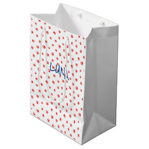 Sacola Para Presentes Média Paw imprime o NOME de PET, vermelho, branco, gatos