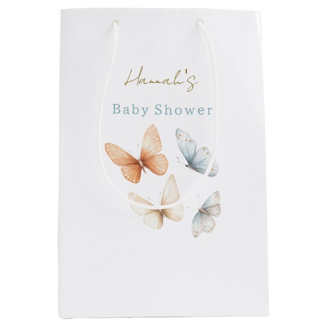 Sacola Para Presentes Média Peach Blue Butterflies Baby Shower (Frente)