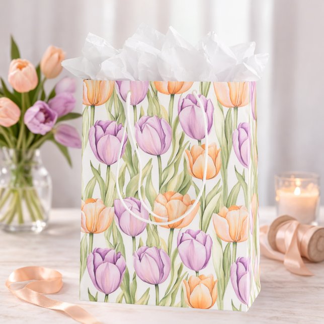 Sacola Para Presentes Média Peach Purple Tulip Pattern Elegant Spring Floral (Criador carregado)
