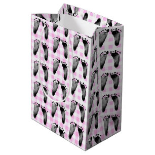 Sacola Para Presentes Média Pegadas De Bebê Em Gingham Rosa