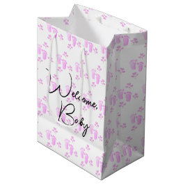 Sacola Para Presentes Média Pegadas de Bebê Rosa e Corações em Branco