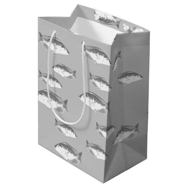 Sacola Para Presentes Média Peixes de cinza monocromática (Verso inclinado)