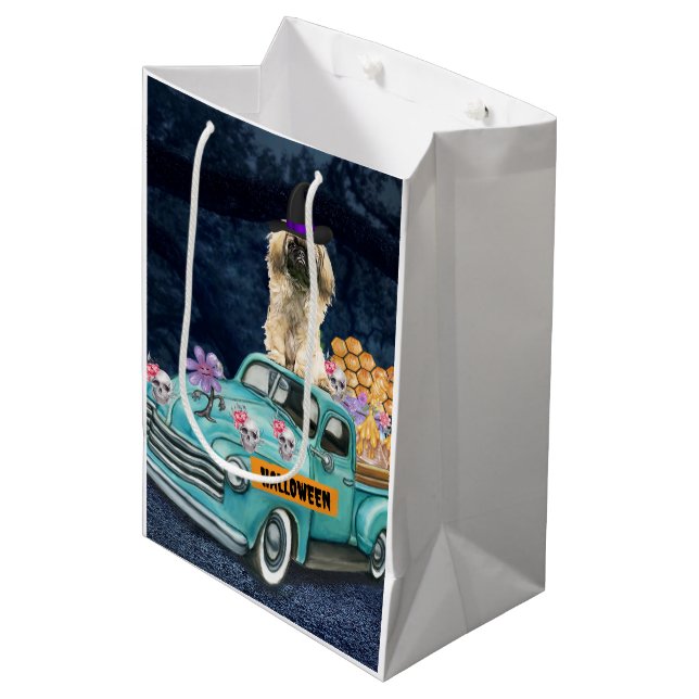 Sacola Para Presentes Média Pekingese Dog Halloween Truck Noite Assustadora (Frente inclinada)