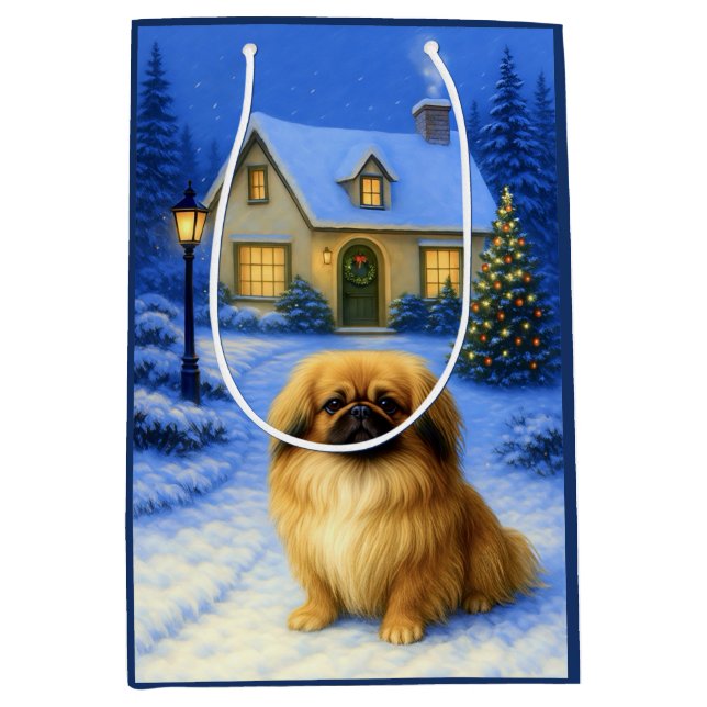 Sacola Para Presentes Média Pekingese Holiday Card (Frente)