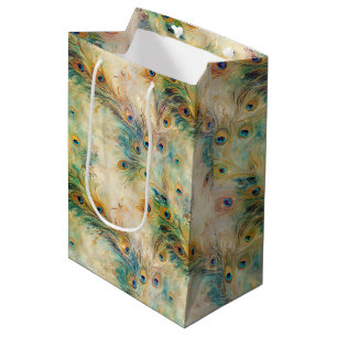 Sacola Para Presentes Média Penas Douradas de Peacock Aqua Green
