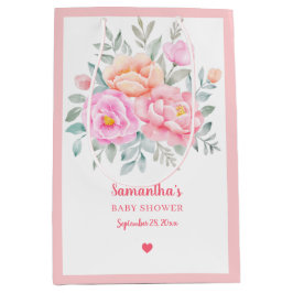 Sacola Para Presentes Média Peônias de aquarela Rosas Buquê Floral Rosa