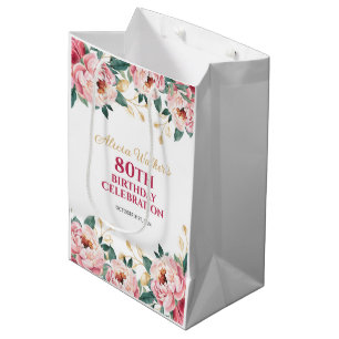 Sacola Para Presentes Média Pêonias Vermelhas Elegantes Flor Dourado Folha Ros