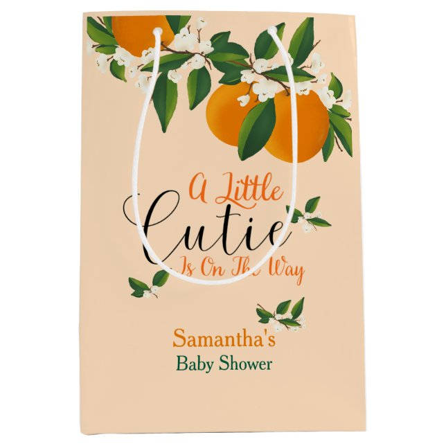 Sacola Para Presentes Média Pequena Cutie No Caminho Do Chá de fraldas Laranja (Frente)