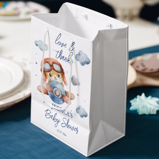 Sacola Para Presentes Média Pequeno favor de chá de fraldas de avião piloto (Little tiny pilot airplane baby shower favor medium gift bag)