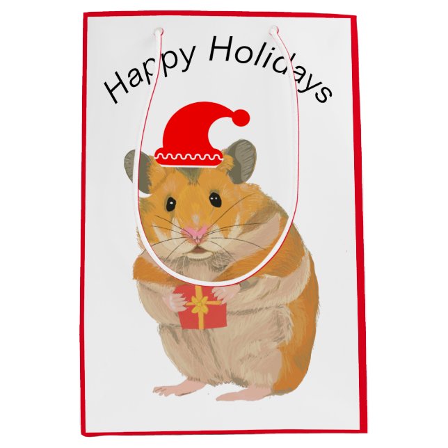 Sacola Para Presentes Média Pequeno Hamster de Natal bonito segurando um prese (Frente)