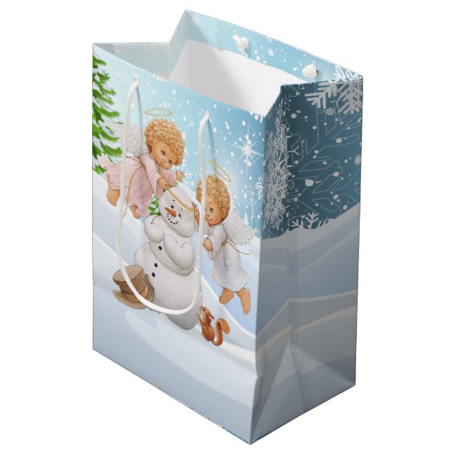 Sacola Para Presentes Média Pequenos Ângulos Bonitos E Snowman Média Bag (Frente inclinada)