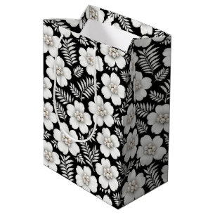 Sacola Para Presentes Média Pérolas Brancas em Flores sobre Preto