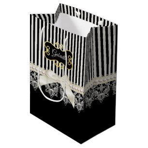 Sacola Para Presentes Média Pérolas e nome preto do ouro do arco do creme das