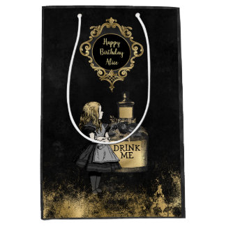 Sacola Para Presentes Média Personalizado Preto e Dourado Alice beba-me