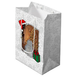 Sacola Para Presentes Média Personalizar duas fotos de Natal Santa Hat Pet HO