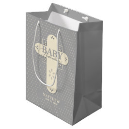 Sacola Para Presentes Média Personalize, Dedicação de Bebê Creme e Cruz Cinza