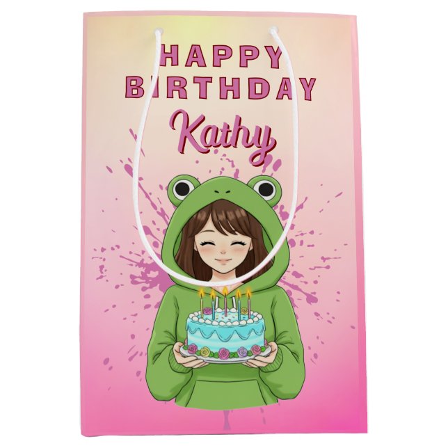 Sacola Para Presentes Média Personalized Kawaii Frog Hoodie Girl Birthday (Frente)