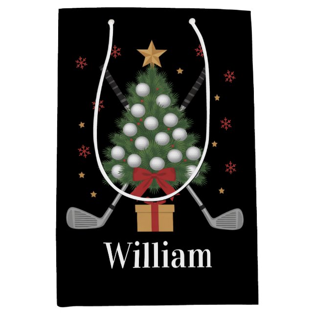 Sacola Para Presentes Média Personalized Name Golf Tree Equipment Christmas  (Frente)