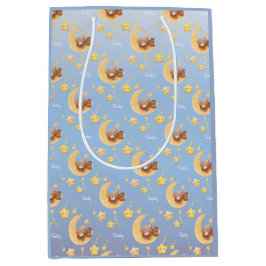 Sacola Para Presentes Média Personalized Teddy Bear Moon Soft Blue Baby Shower