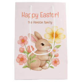 Sacola Para Presentes Média Personalized Watercolor Bunny Happy Easter 