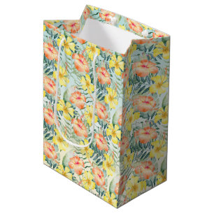 Sacola Para Presentes Média Pêssego Tropical Amarelo Flores de Hibisco Mint Om