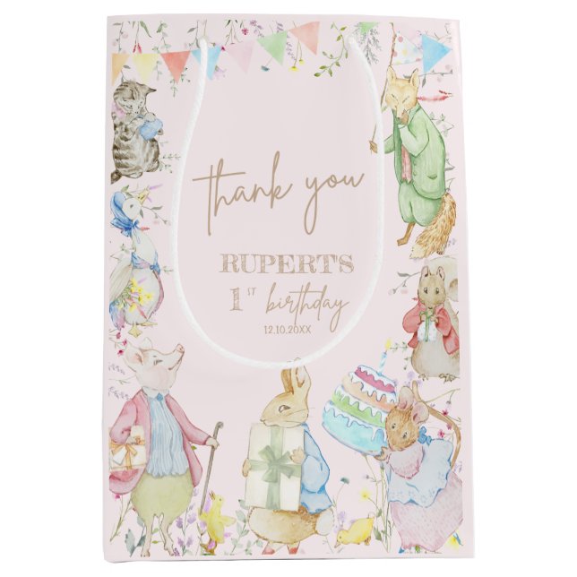 Sacola Para Presentes Média Peter, a primeiro aniversario do Coelho Rosa (Frente)