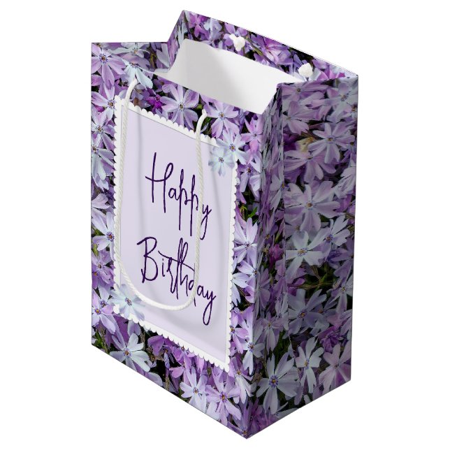 Sacola Para Presentes Média Phlox Roxo Para Aniversário (Frente inclinada)