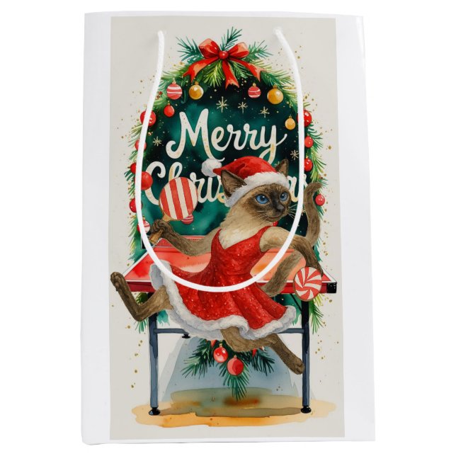 Sacola Para Presentes Média Ping Pong Christmas themed for Siamese Cat Lovers  (Frente)
