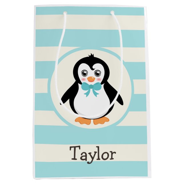 Sacola Para Presentes Média Pinguim Bonito com Turquoise Bowtie (Frente)