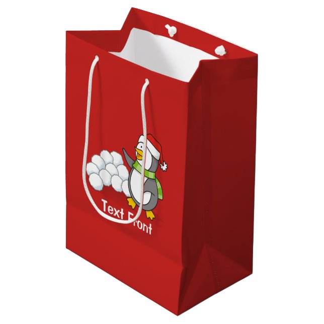 Sacola Para Presentes Média Pinguim de Natal com bolas de neve balançando (Frente inclinada)